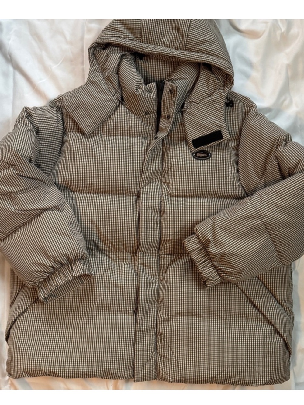 Lacoste Checkered Puffer Jacket in Beige and Black
